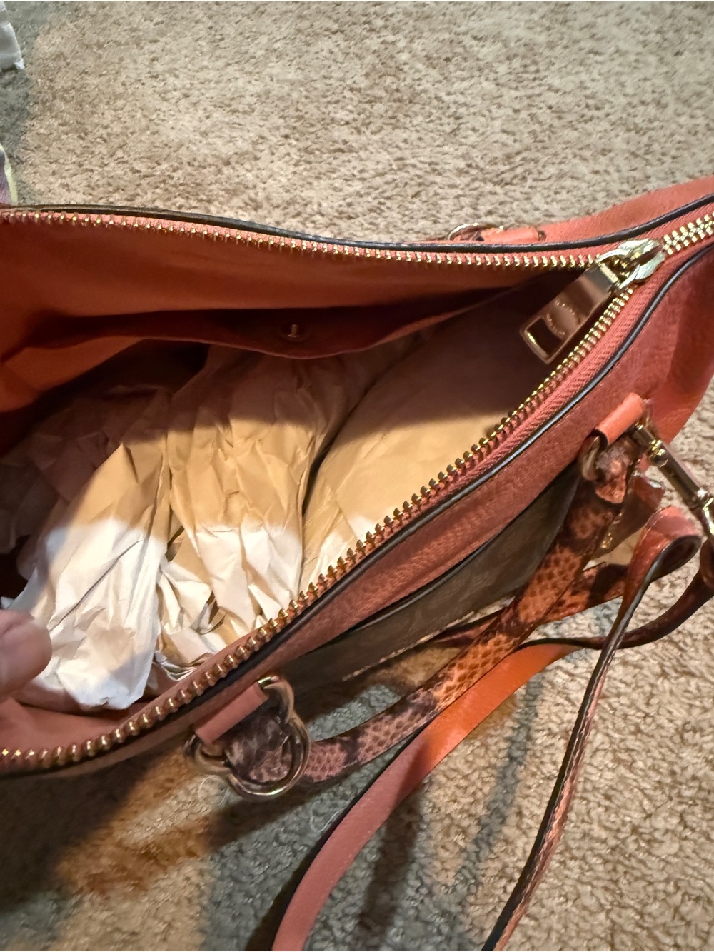 Coach Orange Pebbled Leather Tote with Signature Canvas Pocket - Picture 4 of 9